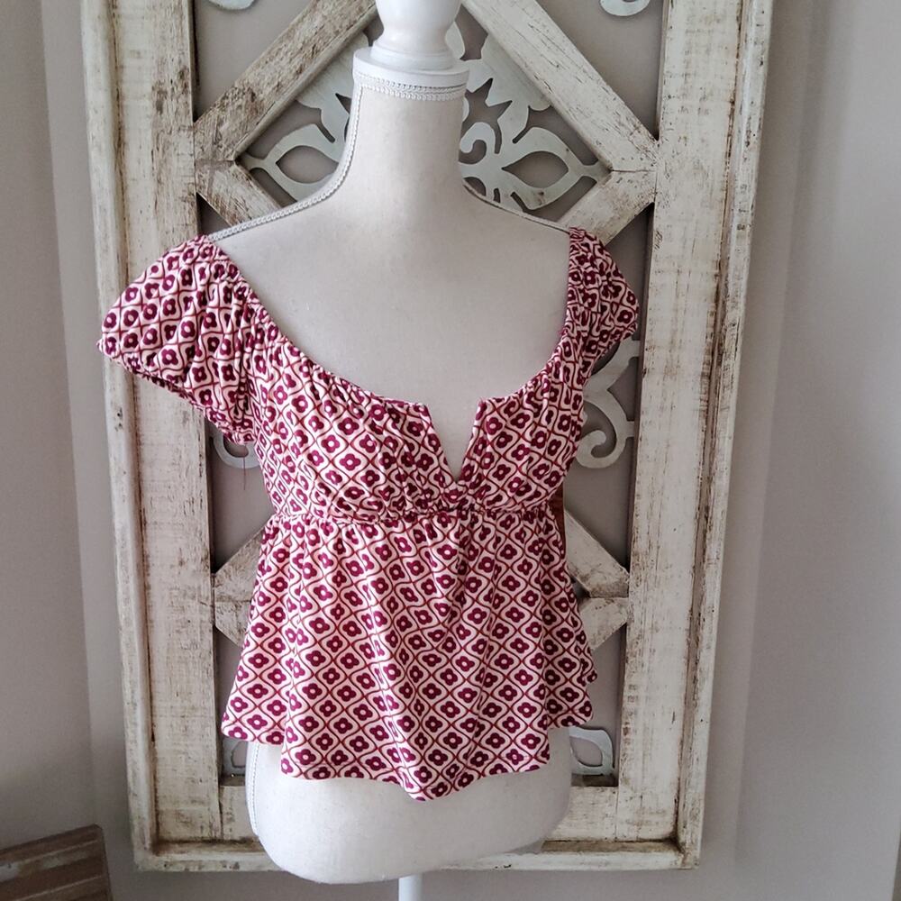 Almost Famous Floral V Bar Peasant Crop Top M Blouson Cap Sleeve Y2K Retro